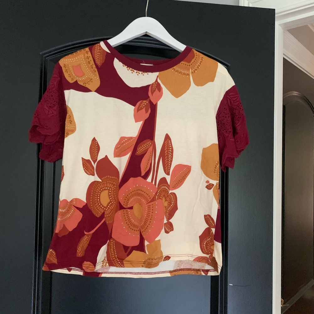 Anthropologie Short sleeve mixed fabric top by Tiny brand size S
